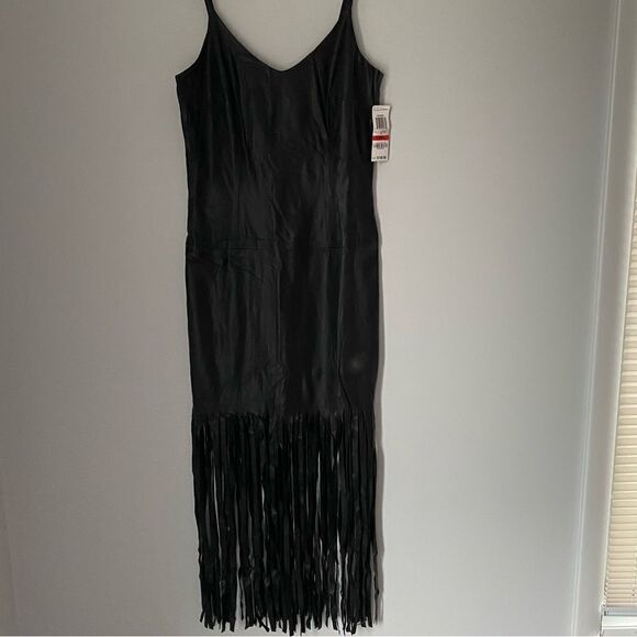 INC Women’d Round Neck Sleeveless Faux Leather Black Midi Fringe Dress size XL - Picture 1 of 5
